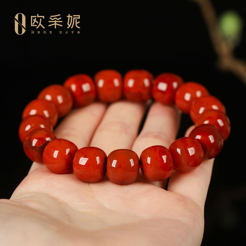欧采妮(OUCERNY)南红手串收藏级天然凉山妖花牛血红火焰纹玛瑙大桶珠手链本命年 天然南红 一物一证