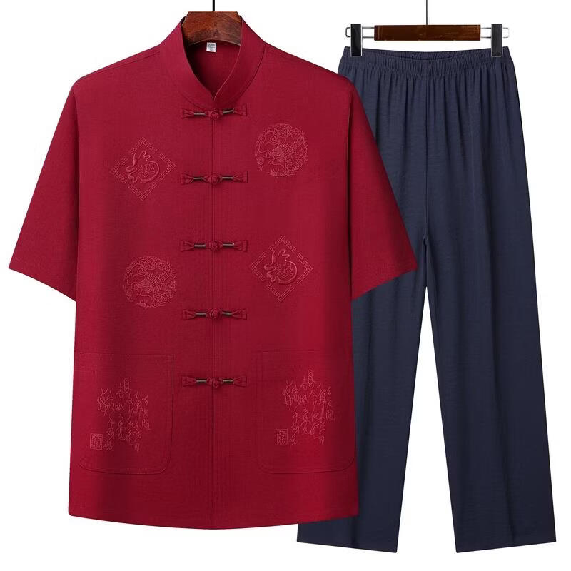 唐装男中老年人短袖套装夏季爸爸装中国风男士老年人爷爷装汉服 卡其色 福龙短袖套装 均码 44 建议185-200斤