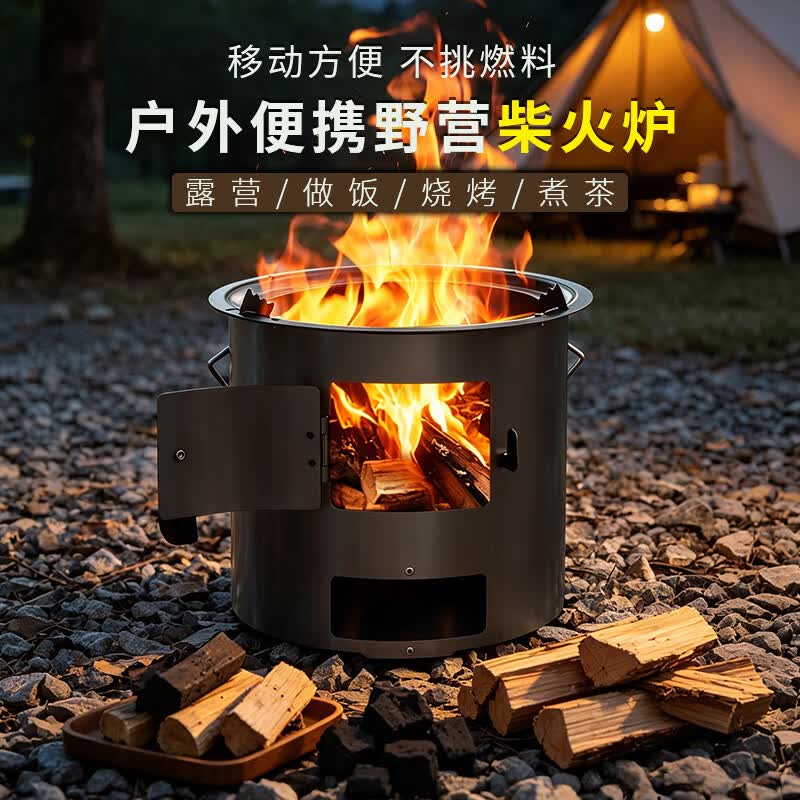 SIDADO柴火炉户外便携加厚柴火灶农村家用烧木柴小型煮茶炉子烤火炉 柴炭两用多功能柴火灶-黑色