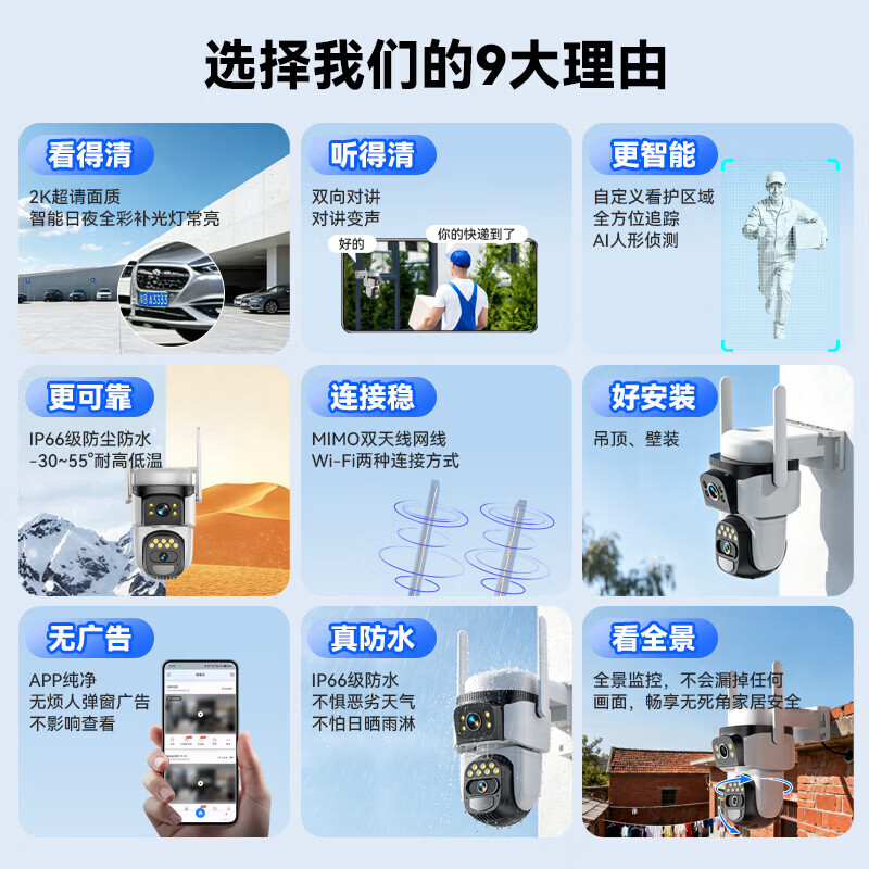 威视达康太阳能摄像头室内外4G免费流量家用360度无死角带夜视无电无网农村户外手机远程超高清无线监控器 【旗舰WIFI版】双向语音+全夜视+人形追踪 32G内存卡 人形智能追踪+千万级CMOS高清像素+云存储循环看