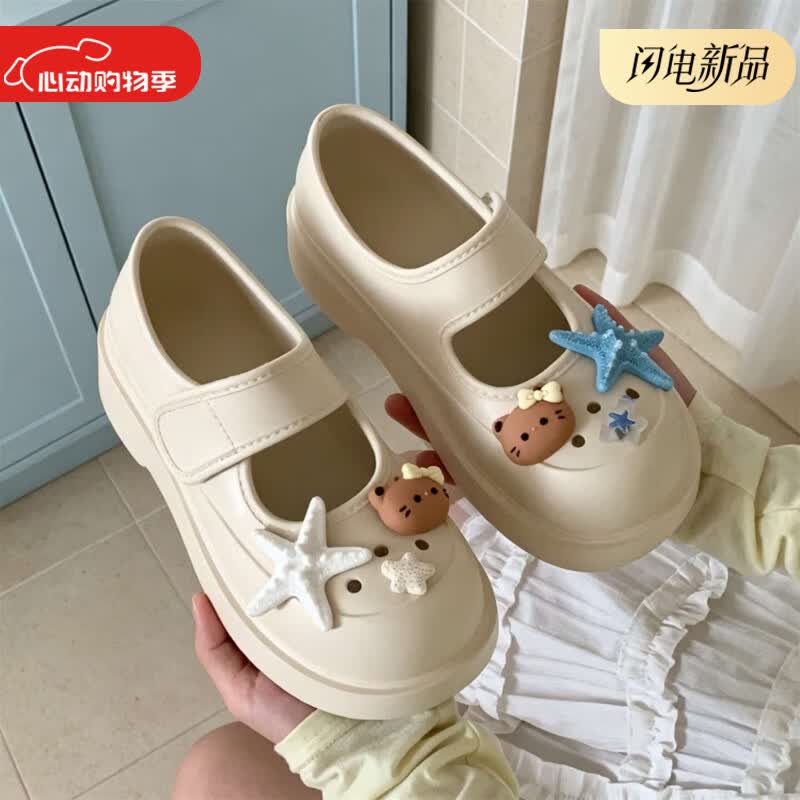细细条（XIXITIAO）外穿百搭学院风可爱小猫魔术贴洞洞鞋微足弓厚底玛丽珍凉鞋女夏季 黑色海星小猫【穿脱方便】 35-36 【标准码】