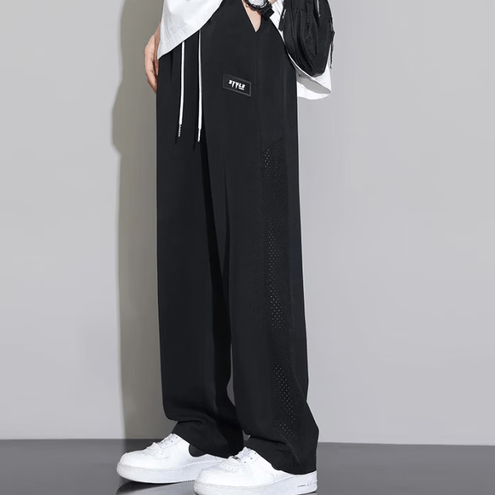 MDODC男士简约耐磨透气眼孔休闲裤米白色宽松休闲舒适网眼运动长裤 黑色 5XL