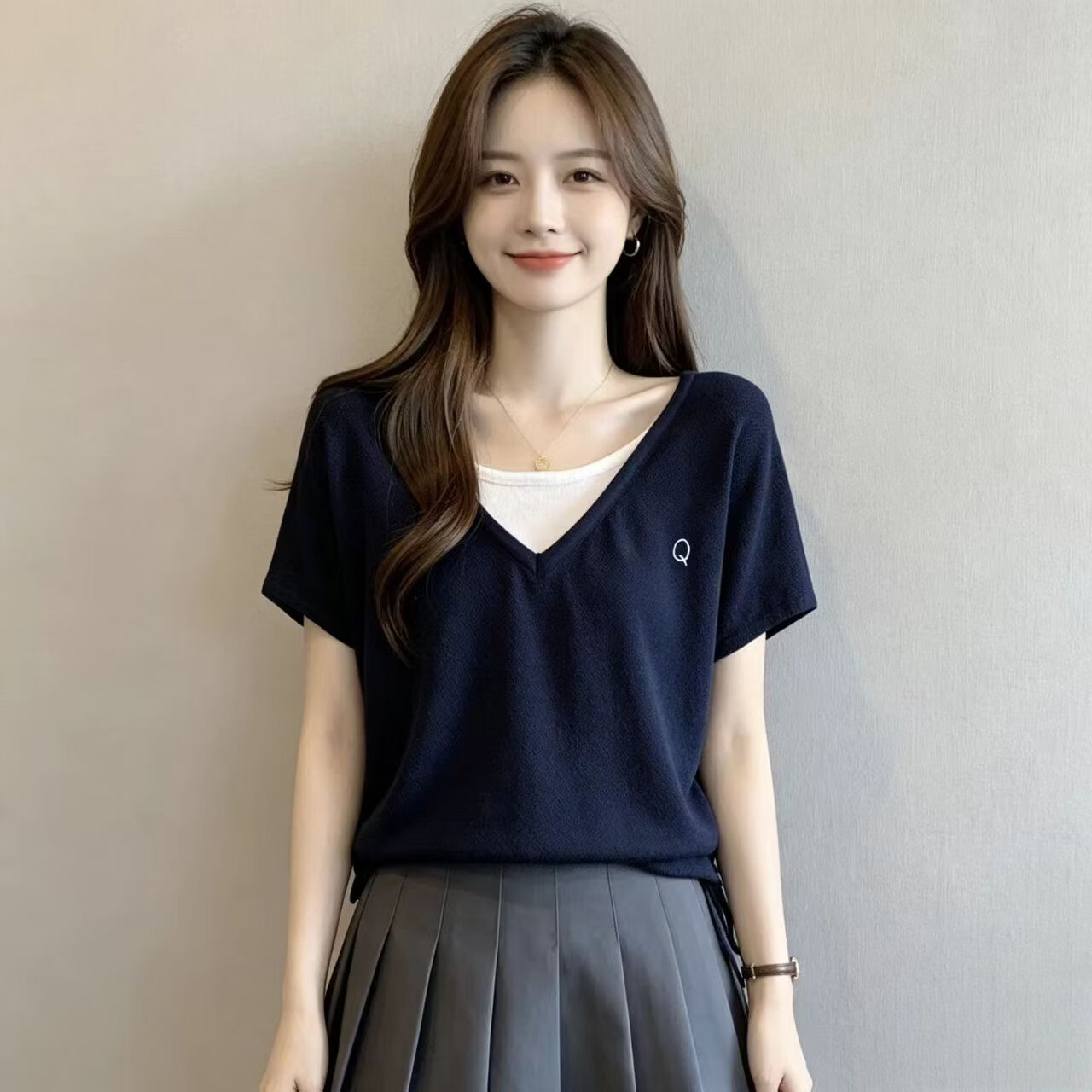 大码宽松显瘦女士t恤2026新款夏季微胖mm假两件百搭短袖高端洋气 藏青色 2XL