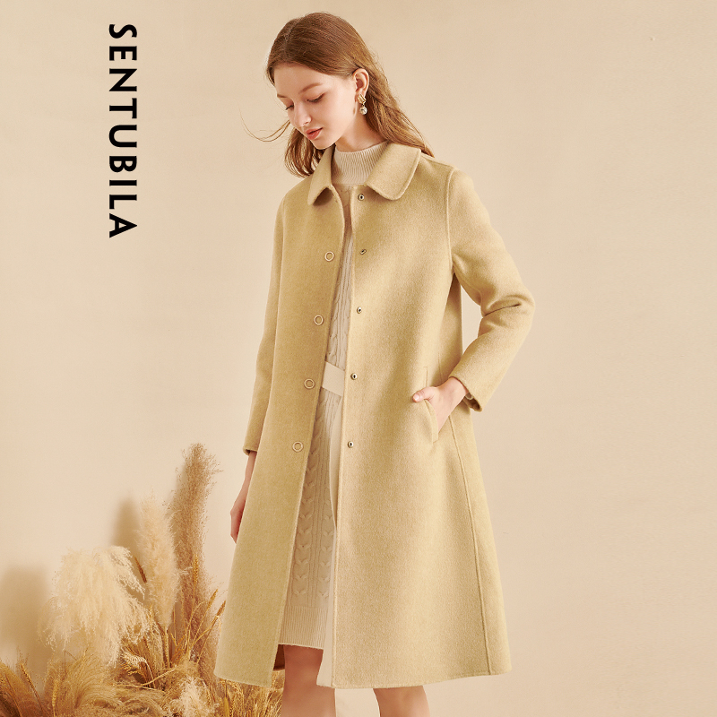 尚都比拉新品双面呢100%绵羊毛中长款秋冬毛呢大衣双面呢外套女 浅黄色 M