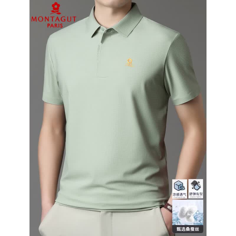 梦特娇（MONTAGUT）短袖t恤男夏季桑蚕丝Polo领刺绣中年商务薄款 黑色 4XL 58【93公斤-100公斤】