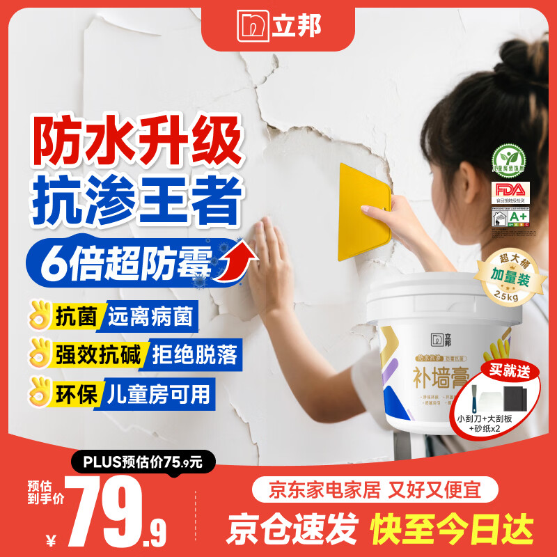 立邦补墙膏墙面修复防水防霉抗菌墙面修补膏堵洞腻子膏白色2.5kg