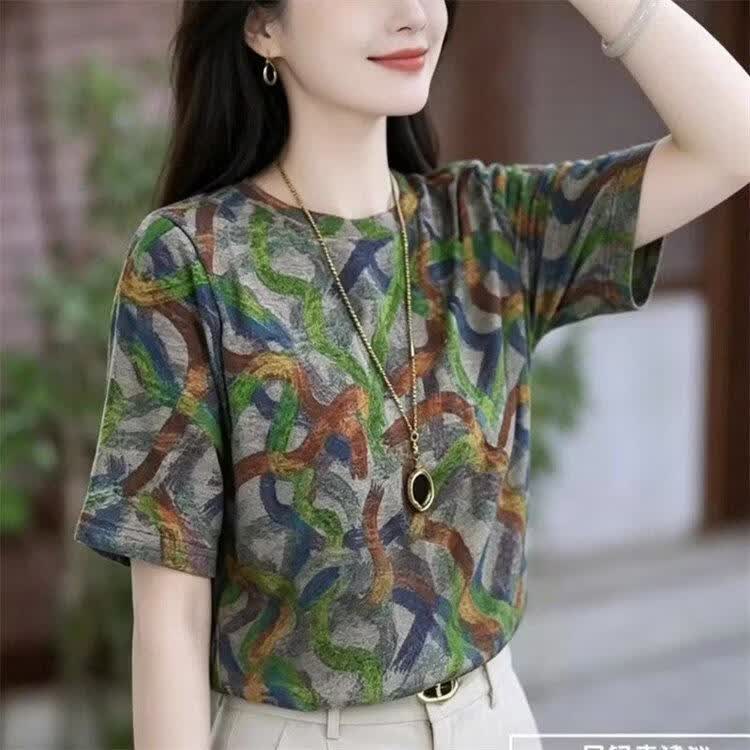 【专柜正品】2026夏季新款时尚气质女宽松百搭圆领短袖上衣 图片色 XL 110-125斤
