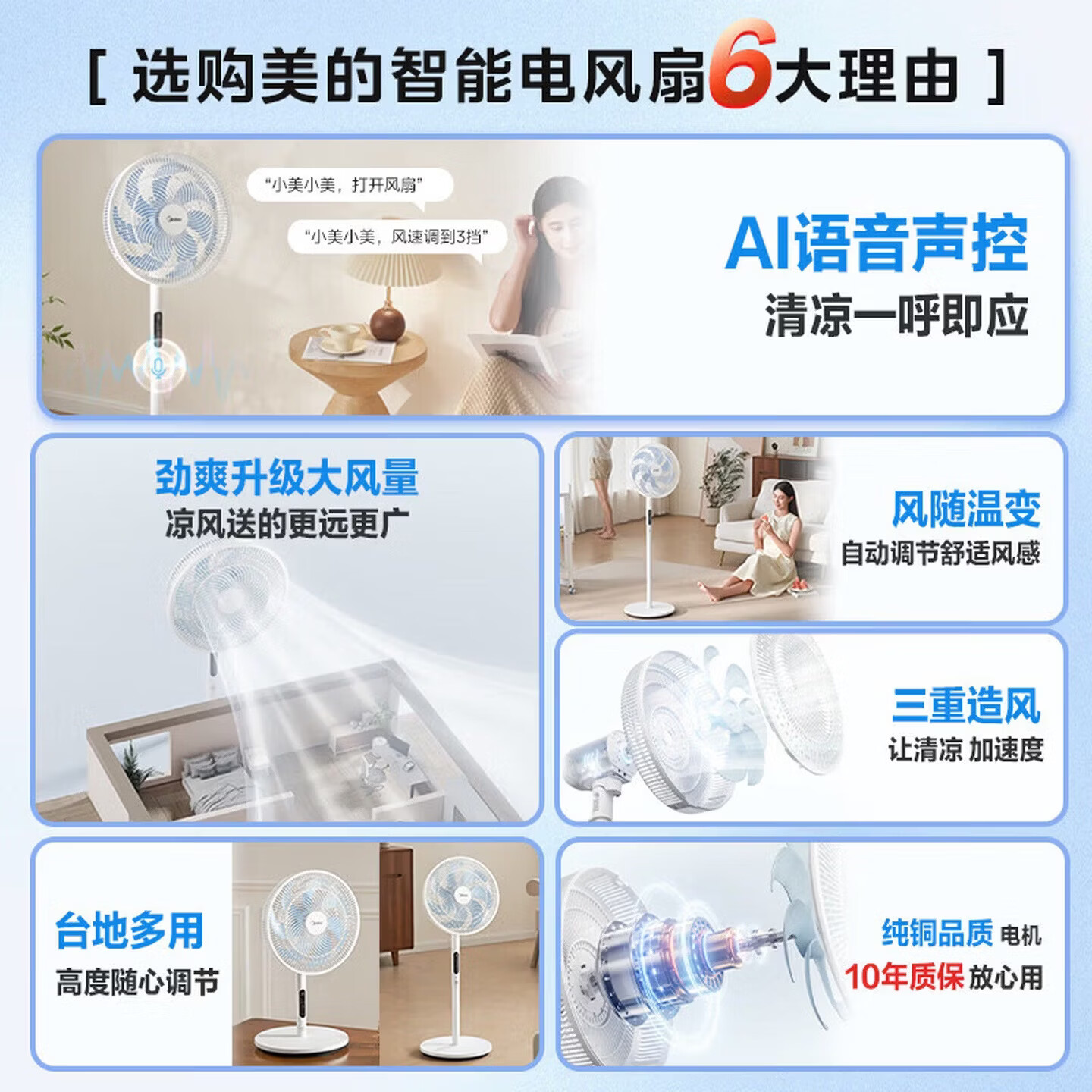 美的(Midea)落地扇 新款家用电风扇 大风力可调节高度台地两用 轻音定时 语音智控 宿舍客厅卧室 空调伴侣 35AS语音款+4种高度+9H定时