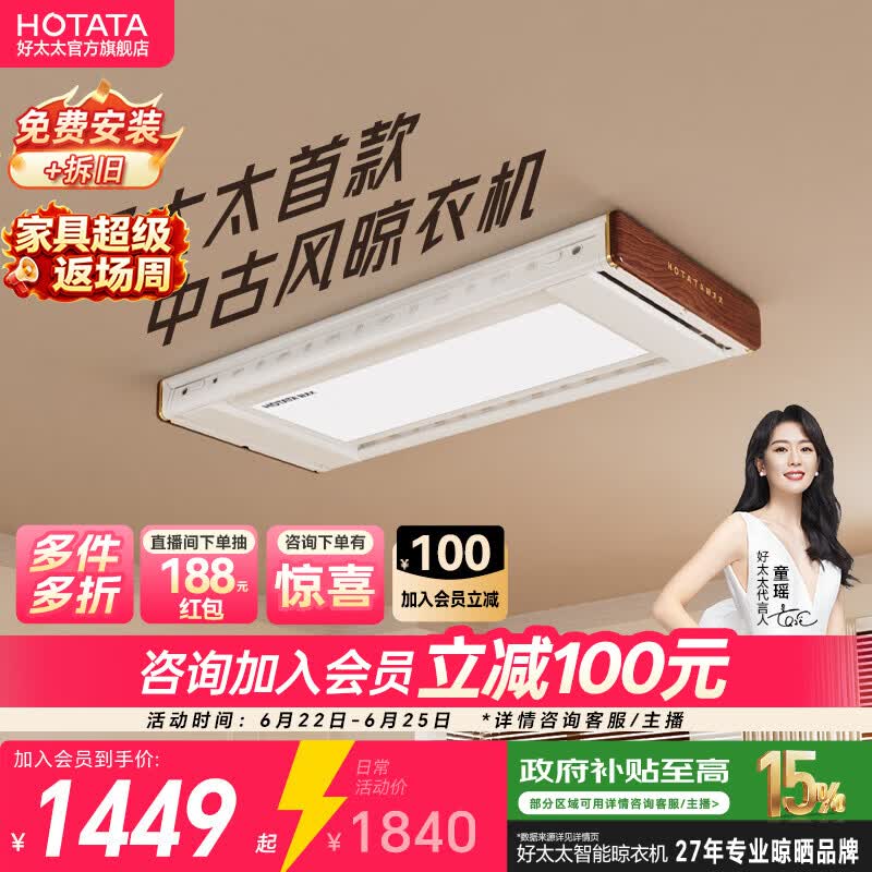 好太太电动晾衣架超薄室内家用阳台智能晾衣机自动升晾衣降杆 T10-ZL白色：中古风+离线语音