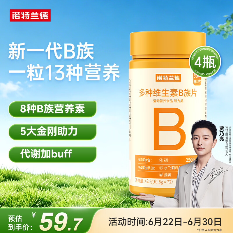 诺特兰德多种维生素B族片【72片/瓶*4】复合维b1b2b6b12烟酸叶酸牛磺酸	