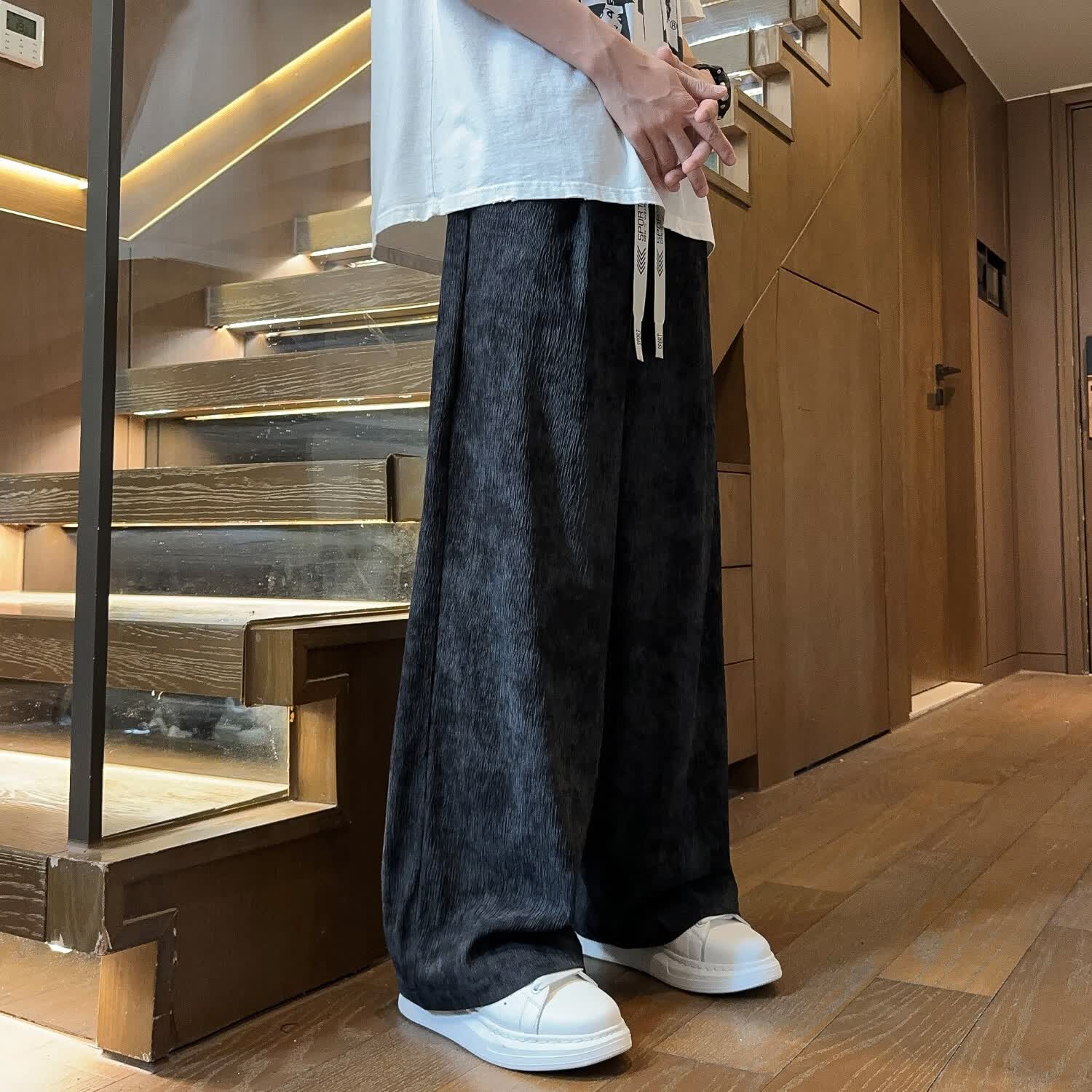 啄木鸟休闲裤男2026夏季新款美式高街阔腿裤男青少年扎染速干冰丝裤子男 杏色 XL 建议130-150斤 