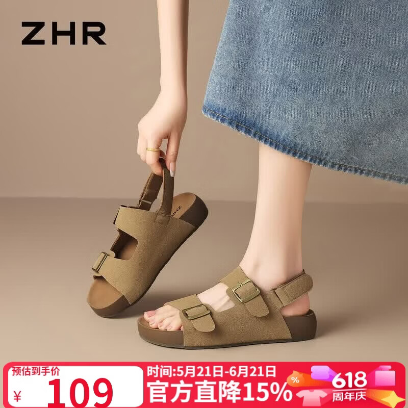 ZHR则则勃肯凉鞋女夏季新款休闲沙滩鞋厚底增高通勤女鞋KD192卡其色37