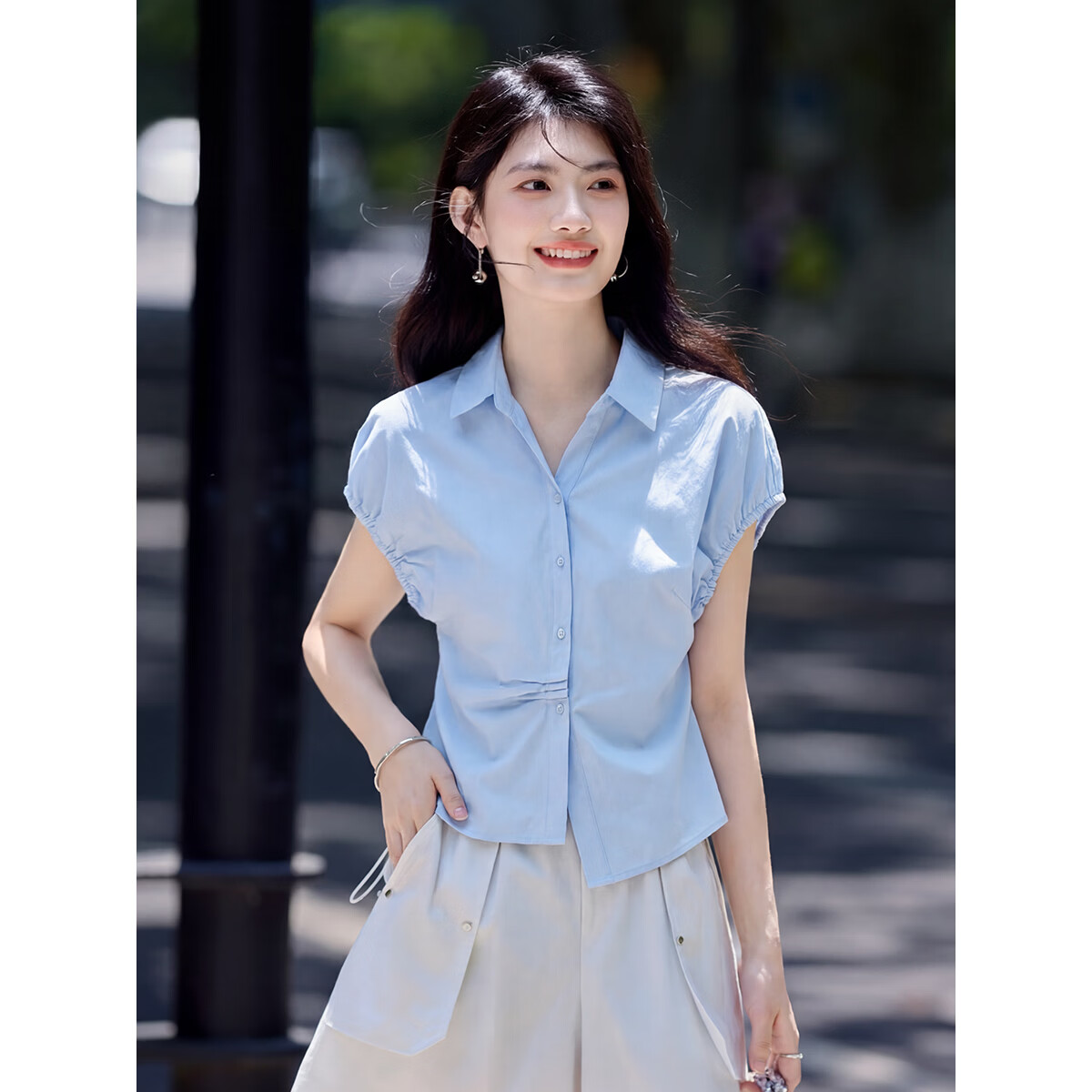尚静2026夏季新款衬衫女灯笼袖收腰捏褶衬衣polo领减龄气质小衫上衣女 晴空蓝 M