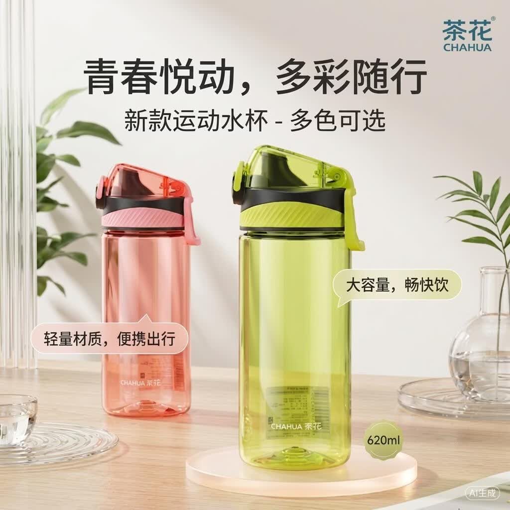 茶花（CHAHUA）便携防漏户外运动水壶塑料随手杯带盖创意学生健身水瓶大容量女 黄绿色620ml
