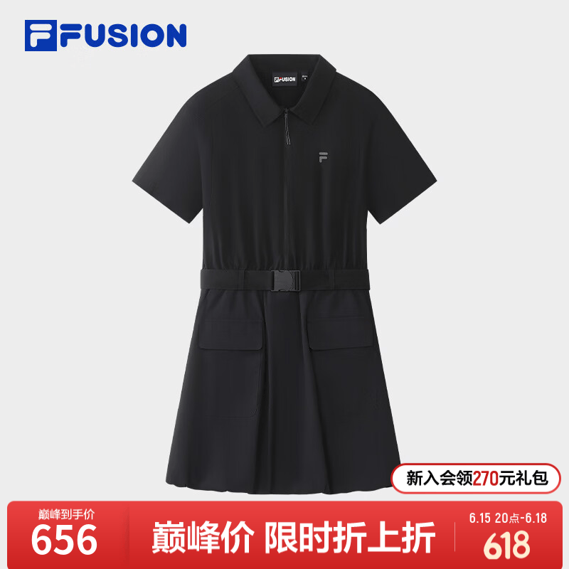 FILA FUSION斐乐潮牌女子梭织连衣裙2026夏新款时尚休闲收腰裙子 正黑色-BK L 170/88A/L