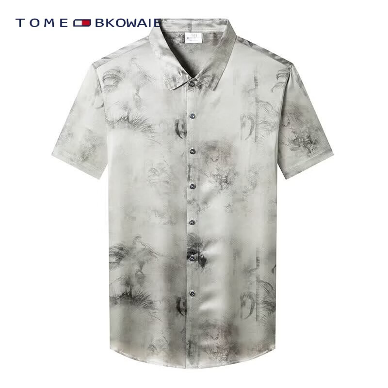 TOME BKOWAIE汤米高档真丝短袖衬衫男夏薄款时尚啊我相信痞帅印花桑蚕丝男上衣 图片色 3XL 190