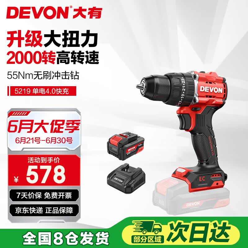 大有（Devon）20V锂电无刷电钻冲击钻手电钻55牛米起子机5219单电4.0快充