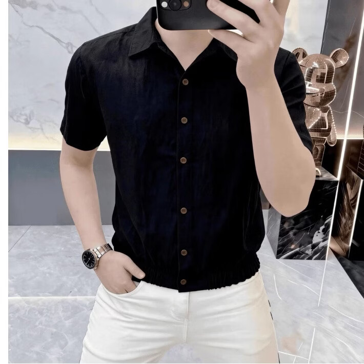 美式复古短袖衬衫男2026新款潮流修身衬衣休闲百搭半袖上衣男 黑色 XL （135-155斤）