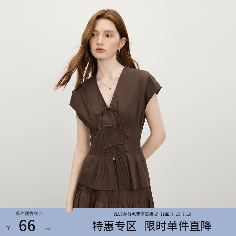 范思蓝恩摩登蝴蝶结系带收腰衬衫女2025夏新款连肩袖v领上衣2737 咖啡色 L