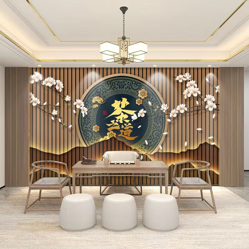顾致茶道中式画墙纸茶叶店茶庄茶室茶文化茶桌背景墙壁纸茶台茶楼壁画