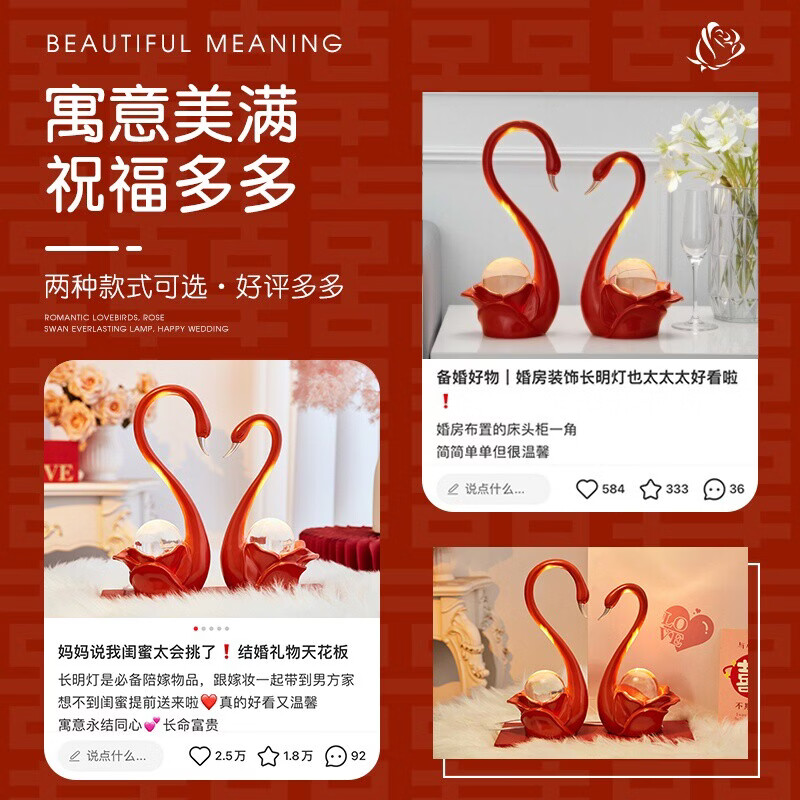 溥畔天鹅情侣摆件一对床头长明灯订结婚礼物品送新人新娘陪嫁实用 [萌兔送喜]兔子抱喜长明灯（礼袋装）