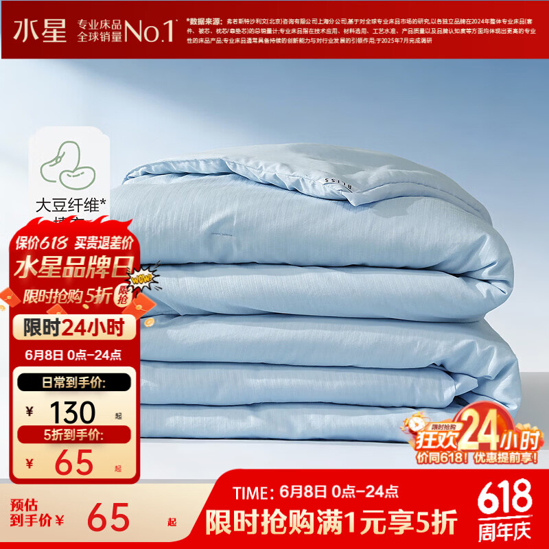 水星家纺出品百丽丝被子可水洗空调被宿舍大豆单人夏被 【可机洗+A类安全】夏被(柔和蓝) 150x210cm(适配1.2米床套件)