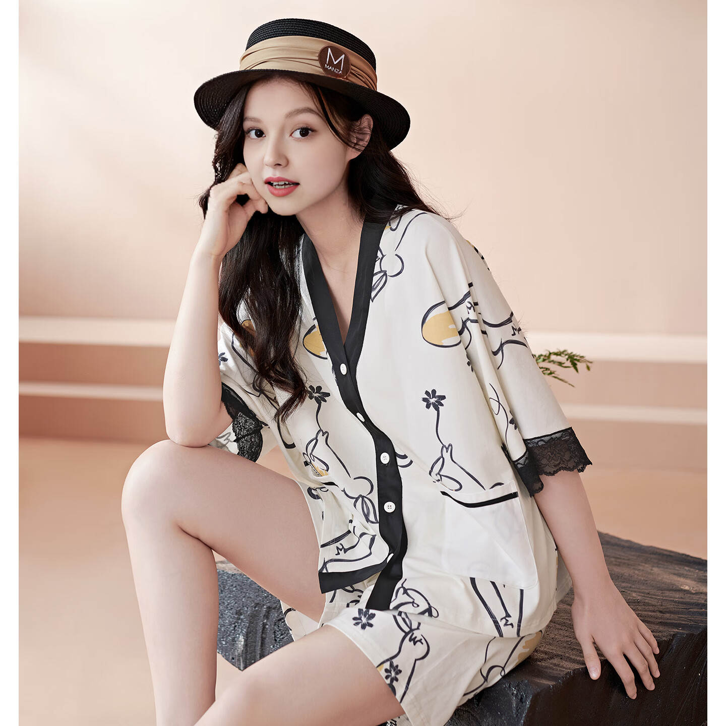 芬腾睡衣女款夏季纯棉短袖可外穿休闲薄款夏天凉感大码家居服套装 FJ27921928米色 M 建议90-110斤