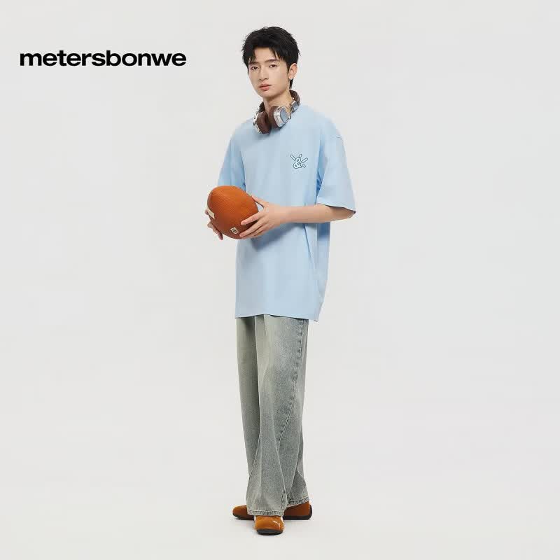 美特斯邦威(Meters Bonwe)男女后背趣味图案短袖恤t恤夏季新款纯棉休闲上衣 浅蓝 L 175/96A