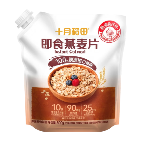 十月稻田 即食燕麦片 500g 早餐速食即食  膳食纤维 营养无添加蔗糖 轻食