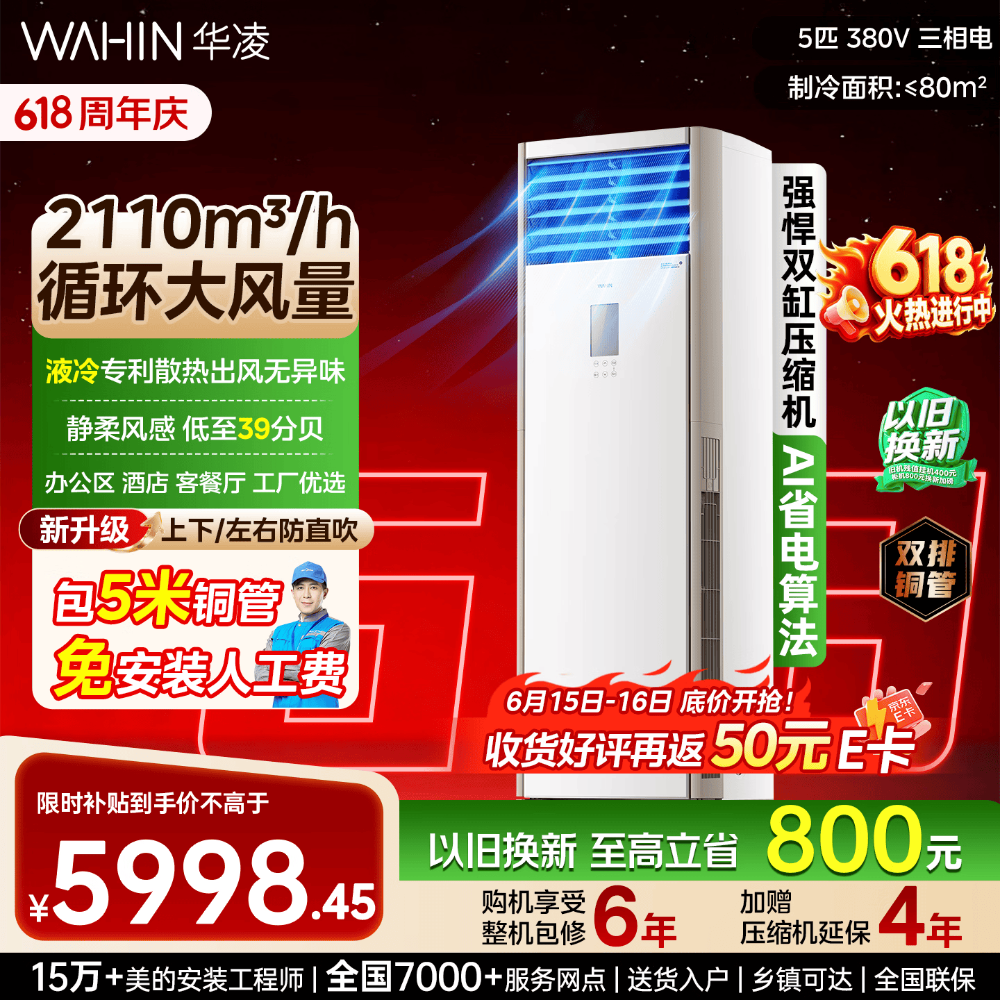 华凌【价保618】立式5匹柜机超省电新一级能效变频商居两用中央空调RFD-120LW/N8HA1S