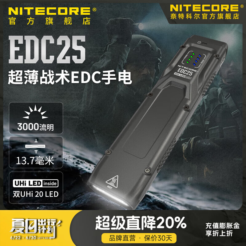 奈特科尔edc25超薄强光3000流明泛光便携手电usb-c一键暴闪超亮防身手电筒 EDC25【标配】