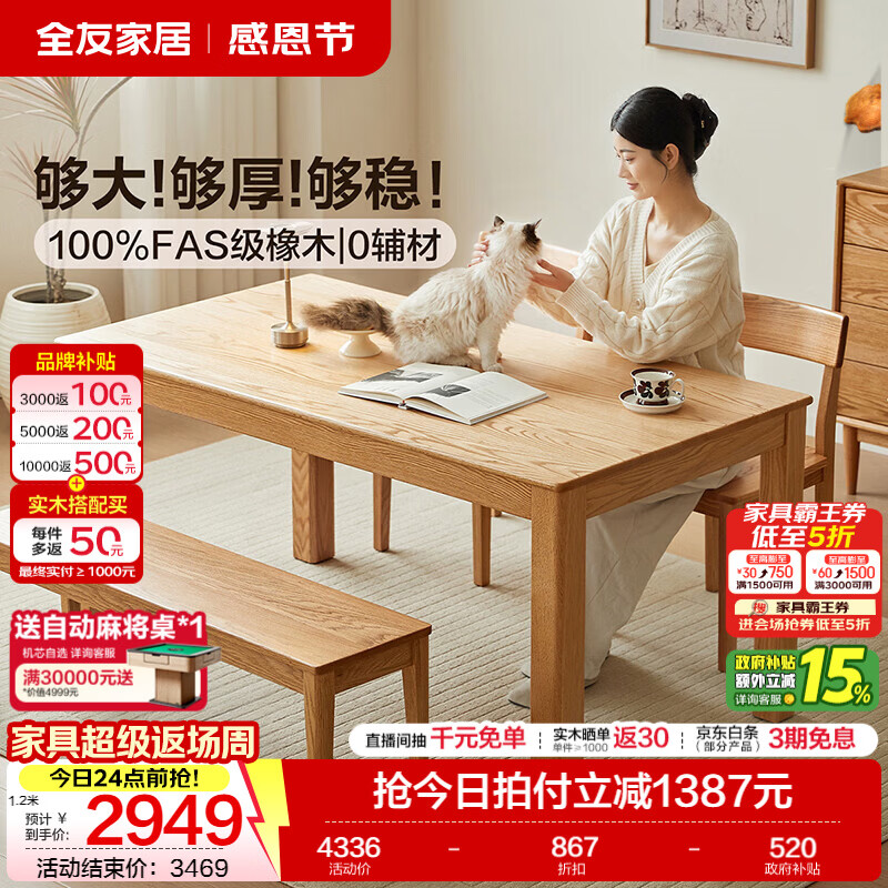 全友家居原木风实木餐桌家用北美FAS级橡木书桌休闲桌餐桌餐椅套装 【原木色 | 红橡木】餐桌+小岸硬面餐椅*4 1.4m