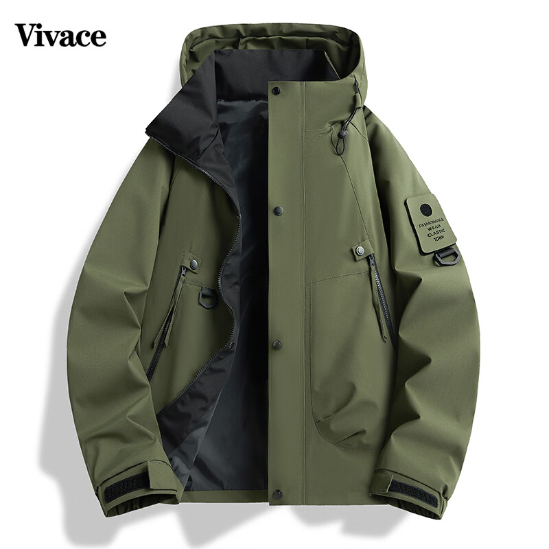 Vivace 春季新款工装夹克连帽外套男冲锋衣男宽松休闲情侣款 黑色 M