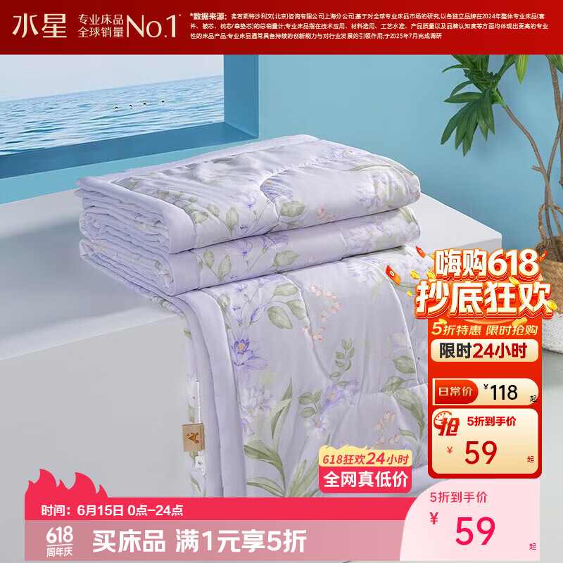 水星家纺出品百丽丝可水洗夏凉被 茶氨酸夏被空调被夏季被芯 大豆柔丝纤维被-浅紫 150cm×200cm