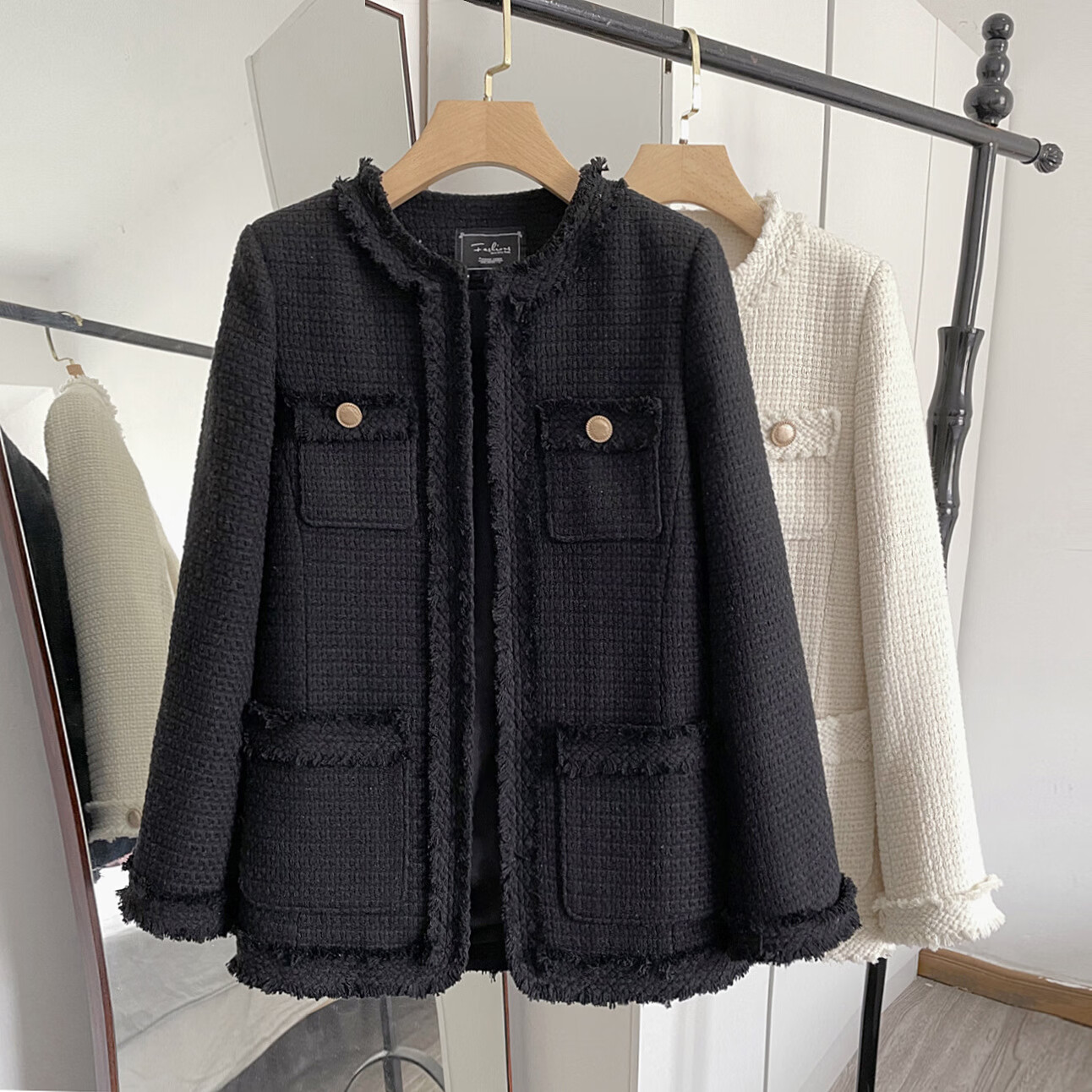 小香风外套女冬新款韩版休闲百搭上衣高个子气质显瘦名媛外套 黑色 s