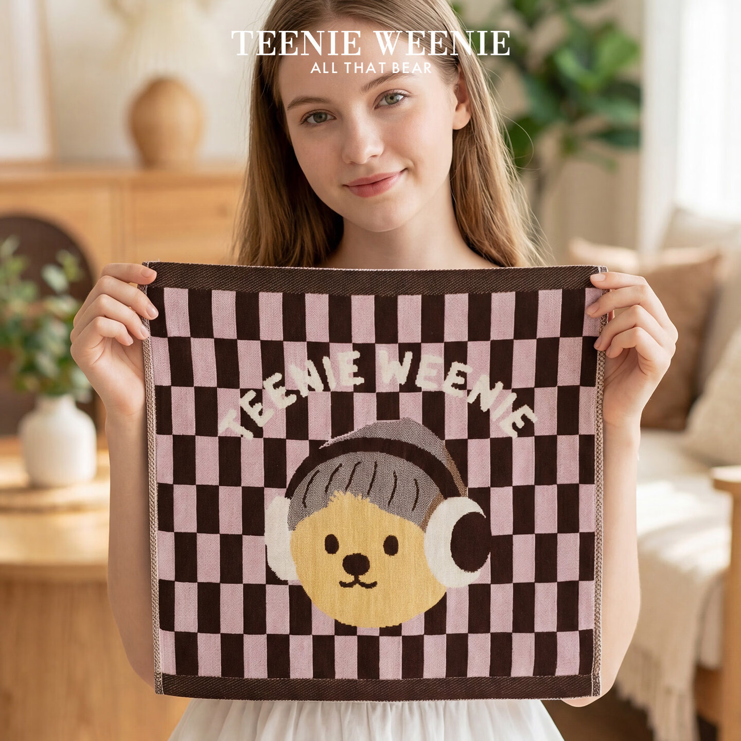 Teenie Weenie小熊刺绣纯棉小毛巾家用儿童吸水方巾全棉面巾擦手巾 菱形蓝【毛巾一条装】克重105g