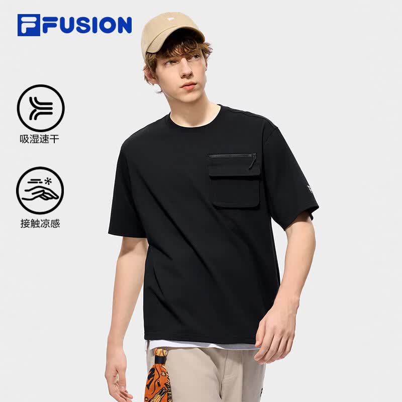 FILA FUSION斐乐潮牌男子针织短袖衫2026秋季新款吸湿速干凉感T恤 正黑色-BK XL 180/100A/XL