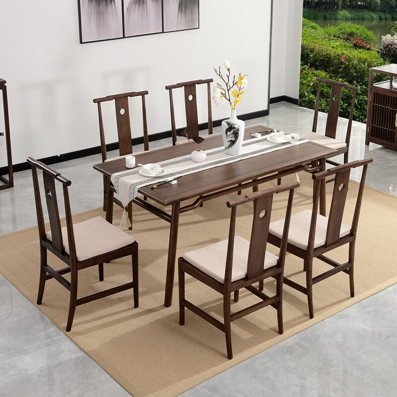 弘麦 新中式实木长桌餐桌椅组合长方形餐台现简约中国风禅意餐厅家具