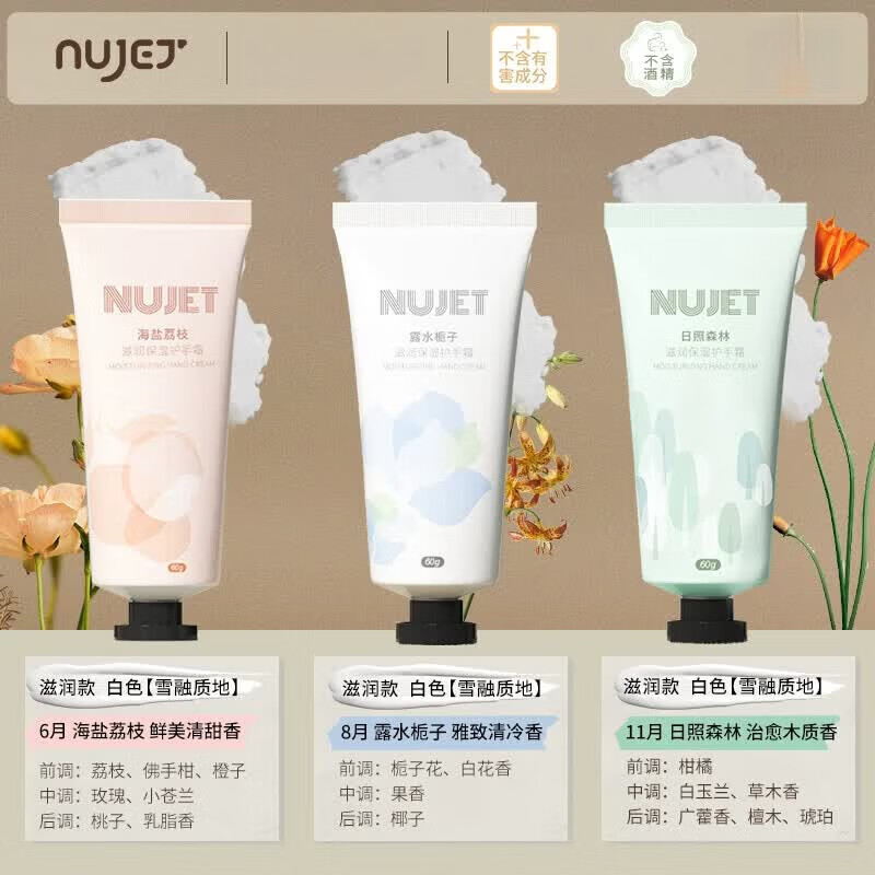 NUJET法国NUJET雪融香氛护手霜女清爽不油腻滋润保湿补水便携 日照森林+露水栀子+海盐荔枝