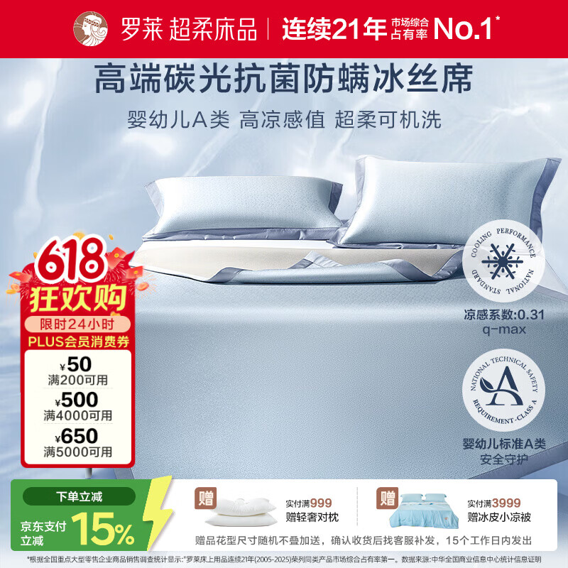 罗莱家纺 A类冰丝席【可机洗】抗菌防螨凉席床笠款三件套蓝180*200*30