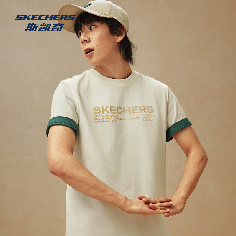 斯凯奇（Skechers）运动短袖t恤男士跑步训练服上衣透气针织衫 棉花糖白 /0074 L