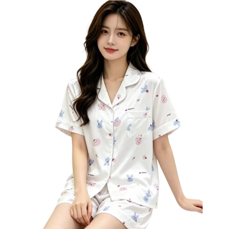 JDAIHD睡衣女夏季短袖卡通印花翻领开衫休闲可外穿家居服套装 2644 XL 120-140斤