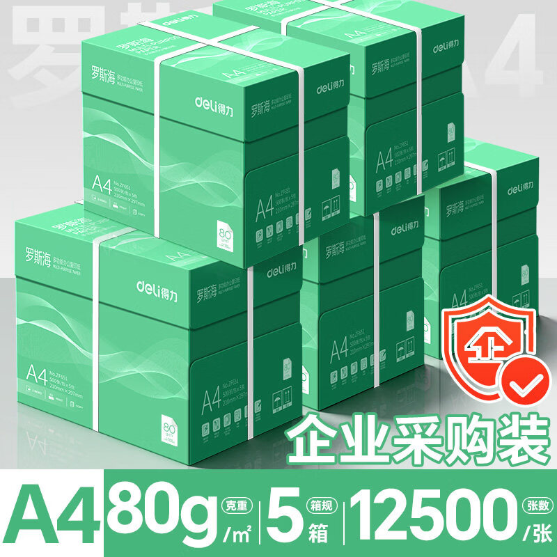 得力（deli）A4纸打印纸 复印纸整箱 白纸草稿纸办公用纸高性价比多箱装打印纸批发包邮 【5箱装25包】罗斯海80g/A4/12500张