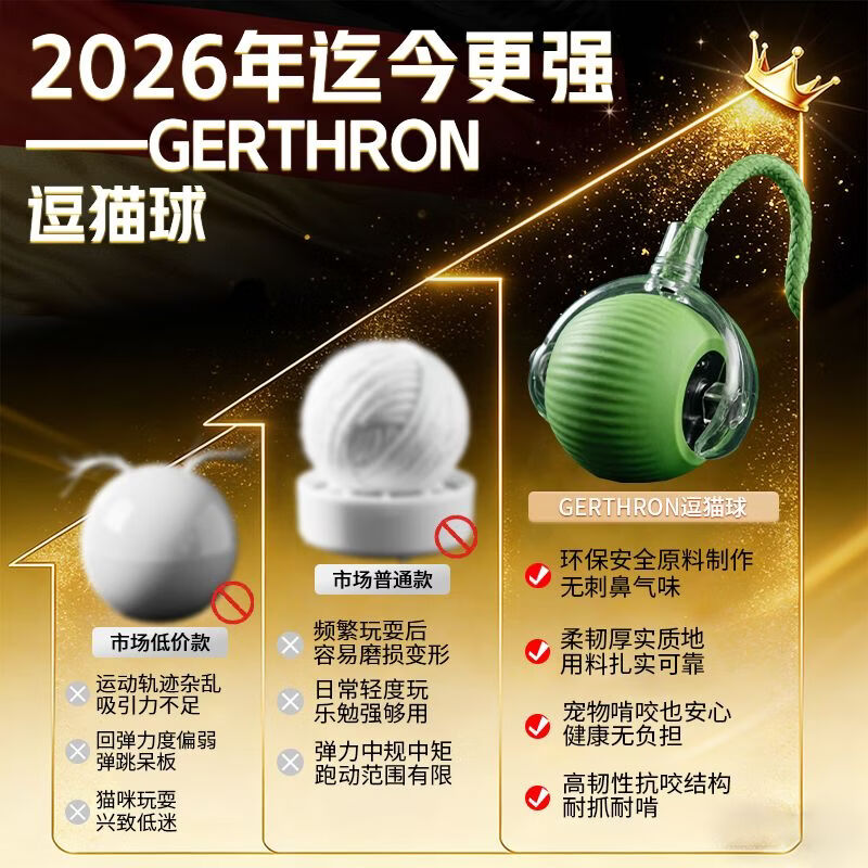 GERTHRON德国猫咪玩具自嗨解闷神器自动逗猫球智能棒消耗体力突突球逗猫棒 升级2.0-绿色长绳款【动力加强 自动跳跃】 多模式【智能避障款】长续航/快充/自动唤醒