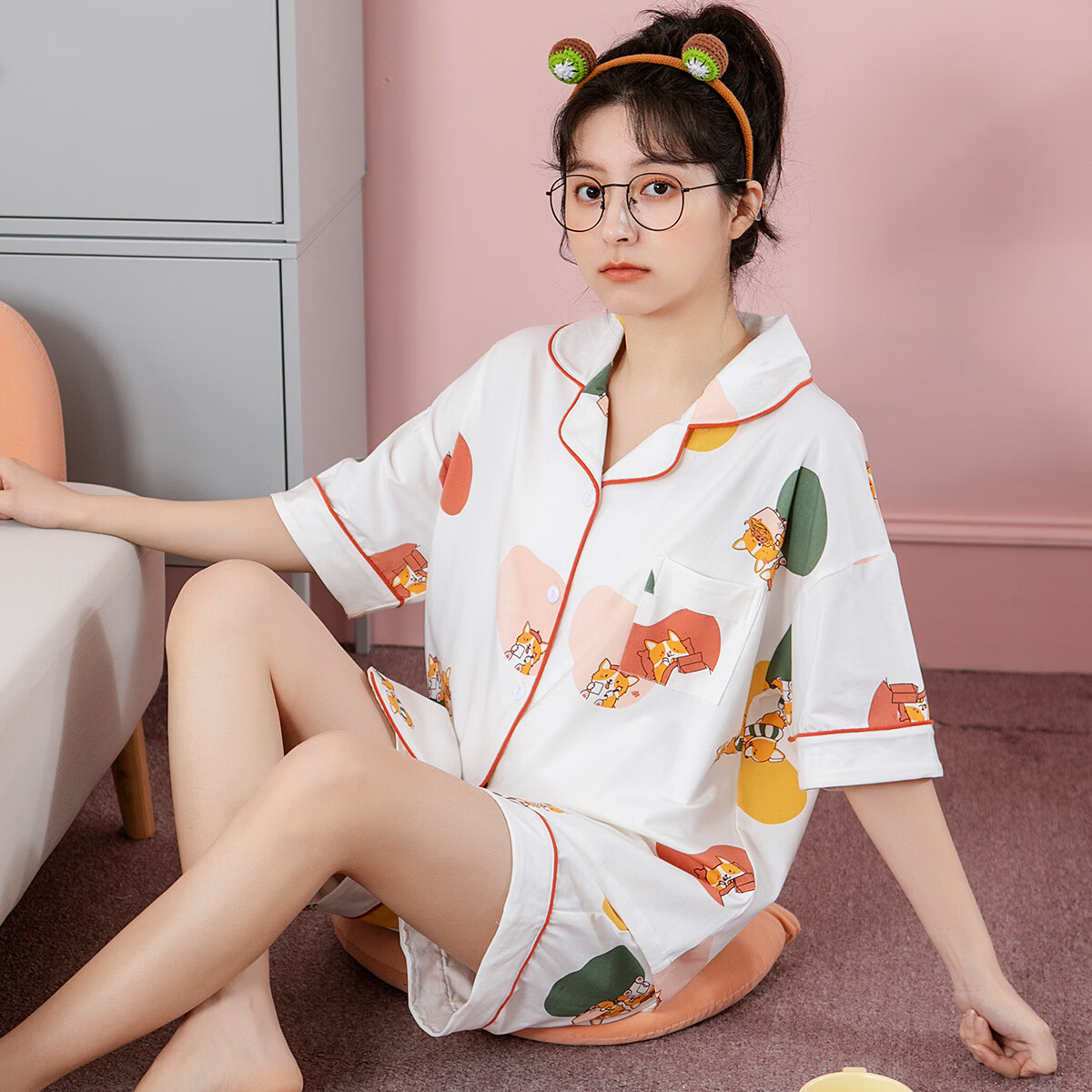 黛梦思纯棉睡衣女夏天薄款短袖居家服甜美可爱可外穿开衫超柔软 白色 XL -女款 （建议120-140斤）