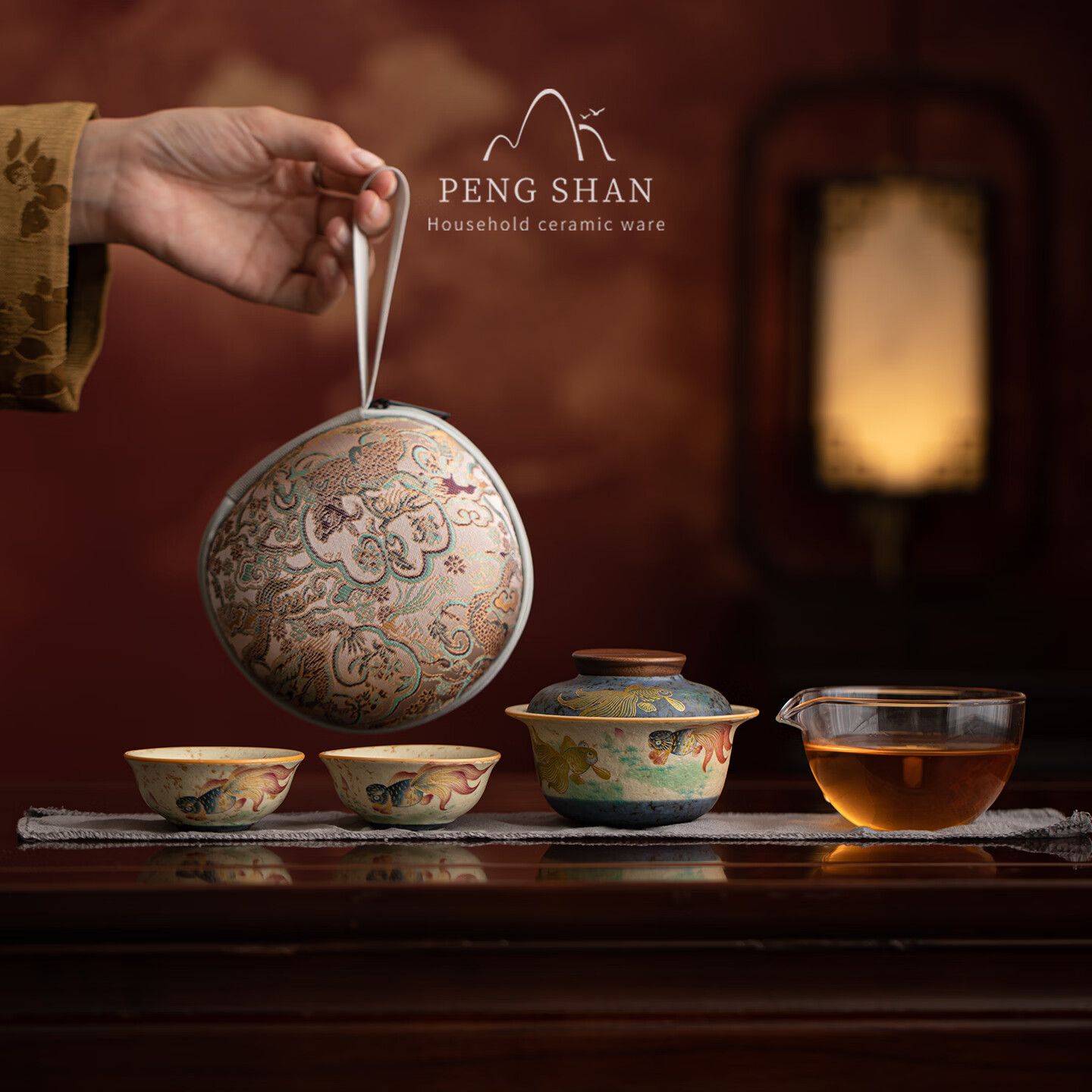 鹏山年年有余旅行茶具快客杯火石红金玉满堂一壶两杯户外旅行便携茶具