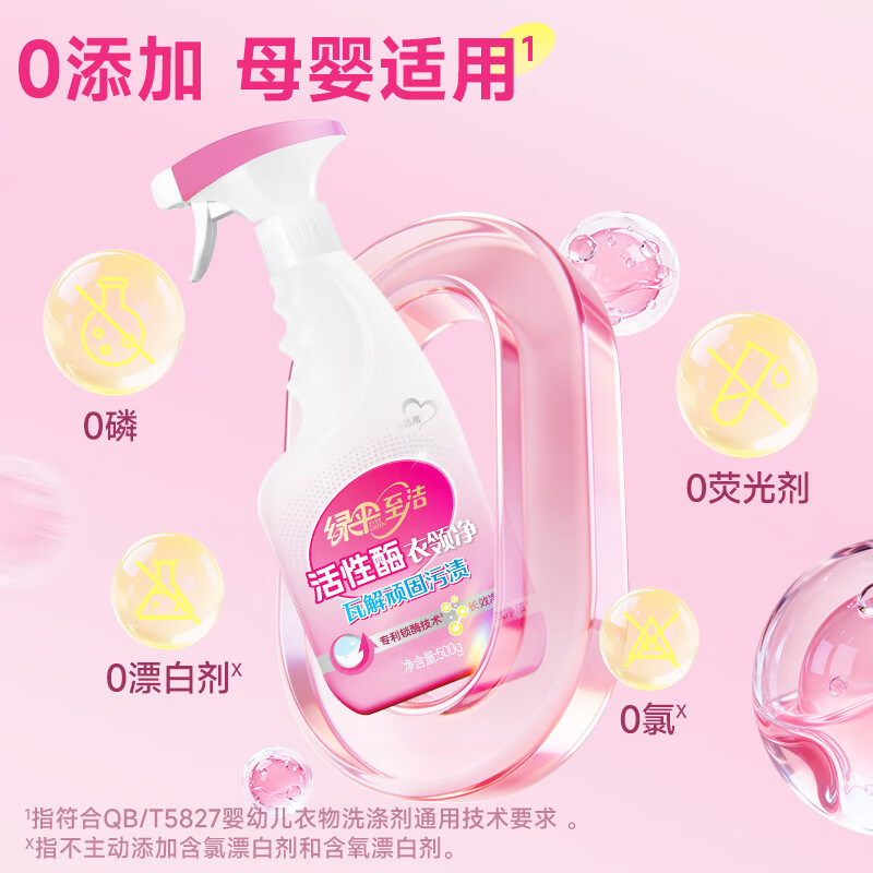 绿伞至洁活性酶衣领净 衣领袖口洁净去污预喷助洗清洁剂 500g*1瓶+480g*2袋(1个喷头)
