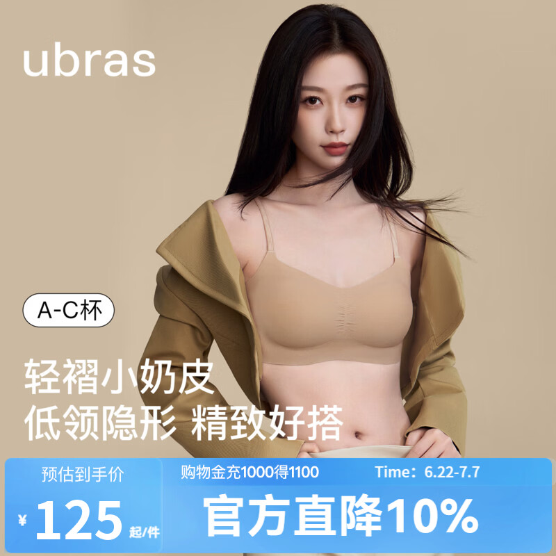 ubras虞书欣同款无尺码小奶皮细肩带粉底液隐形无痕内衣女夏季薄文胸 【升级款】隐形肤色 均码 -标准版【背勾款】100-130斤