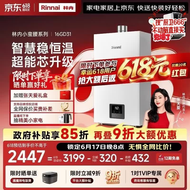 林内（Rinnai）【小蛮腰】16升燃气热水器 智慧恒温升级CPU 低水压启动热水器上门安装 16GD31（JSQ31-GD31）