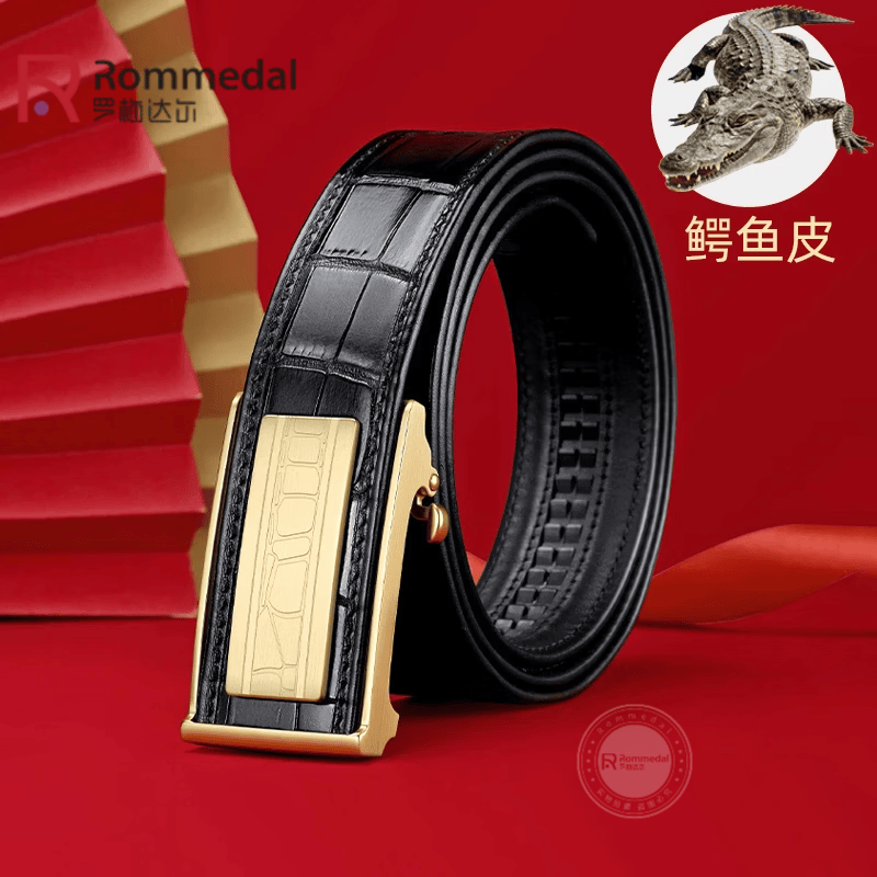 罗梅达尔（Rommedal）男士鳄鱼皮带男商务休闲自动扣裤腰带送老公长辈父亲节生日礼物 金色【专柜礼盒】 120cm